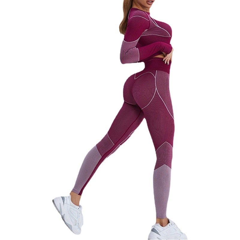 Europa y América transfronteriza nuevo traje de fitness de manga larga ombligo deportes camiseta melocotón cadera Levantamiento de cintura alta apretado pantalones de yoga