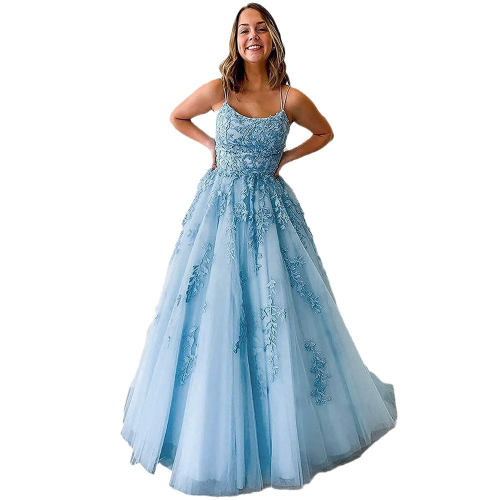 Amazon Comercio exterior espaguetis Correa baile vestido de noche largo tul encaje apliques vestido de fiesta de las mujeres image 13