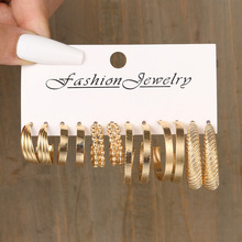 欧美跨境时尚夸张几何个性高级感耳环女复古C型圆珠合金耳饰6件套