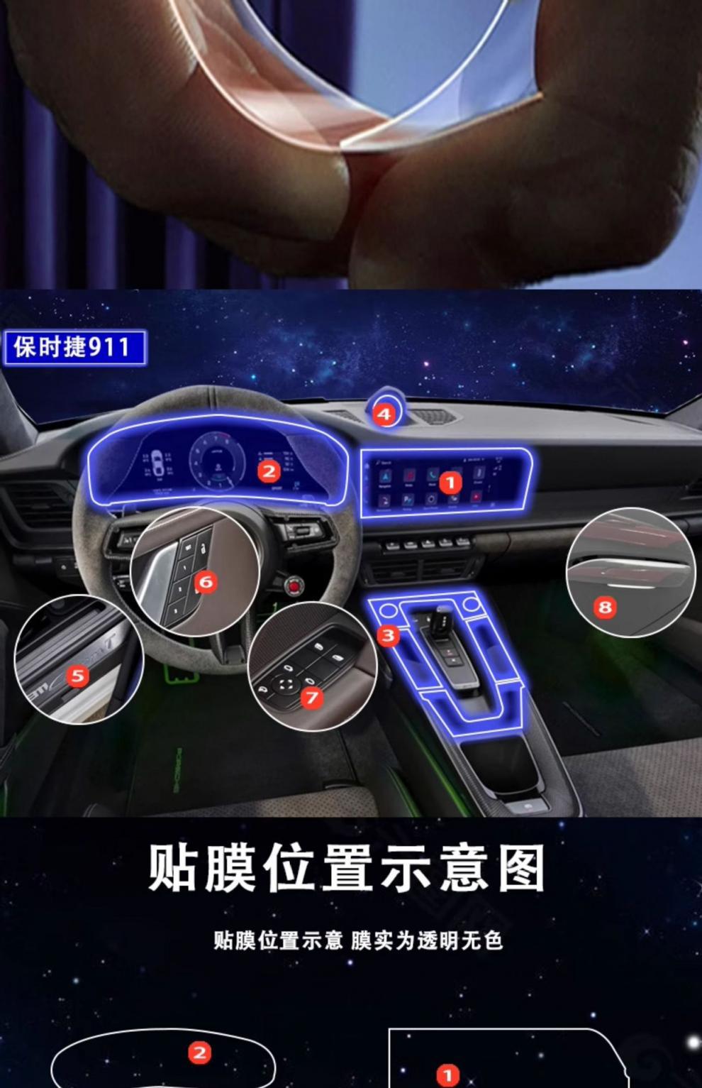 Suitable for 20-25 Porsche Macan911 Central Control Gear Film Navigation Screen Transparent Film Interior