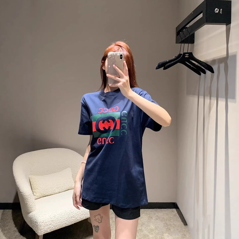 High-End Version Gu Brand Color-Blocking Classic Letter Print Square Frame Casual Loose-Fitting Unisex Authentic Short-Sleeve T-Shirt