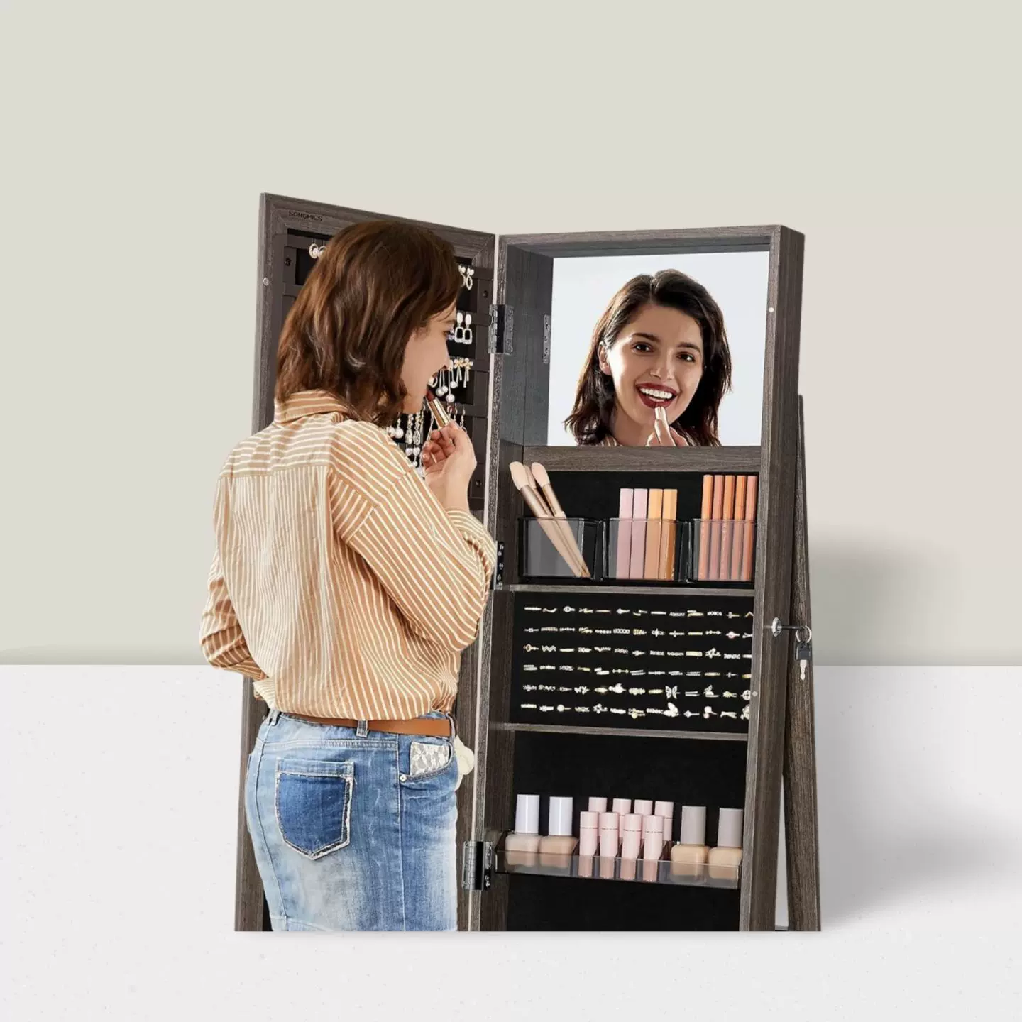 跨境首饰镜柜 落地全身镜旋转360度珠宝戒指项链化妆品收纳试衣镜