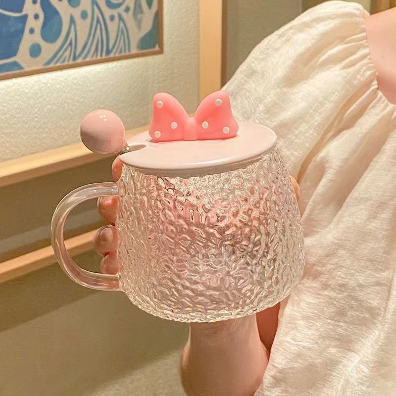 Ins-style Bow-knot Girly Heat-resistant Glass Cup, Cute Couple's Mug With Lid And Spoon, Office Coffee Cup_voghion.com