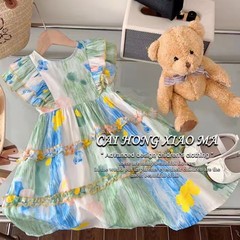 77135 夏季韓版中大童童裝潮范印花沙灘無袖花邊連衣裙兒童裙