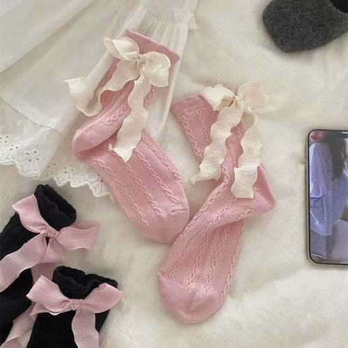 Pure Color Spring New Socks Sweet Lolita Stacked Socks Korean Style Heel Ribbon Butterfly Knot Mid Calf Socks for Girls and Boys