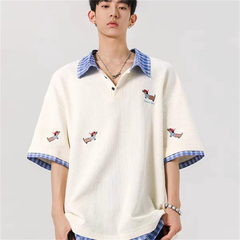 Dachshund Fake Two-Piece Polo Collar Short-Sleeved T-Shirt Men's High-Style Summer Fashion Brand Embroidered Loose Heavy Half-Sleeve