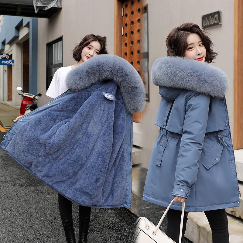 Fábrica parka de las mujeres de mediados de longitud 2023 invierno nuevo estilo coreano suelta gran cuello de piel de moda engrosada abrigo de algodón acolchado image 1