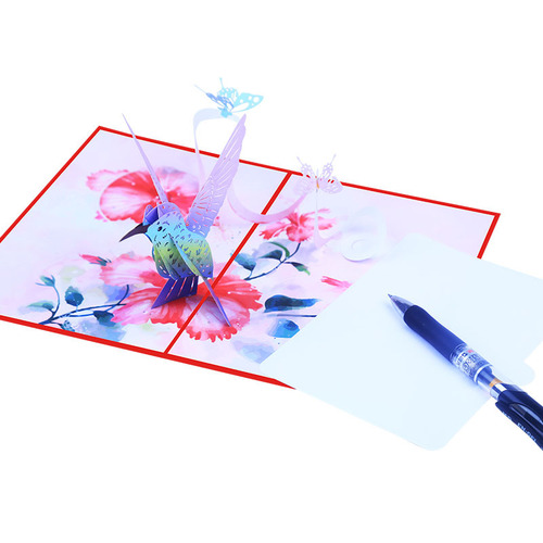 Creative color printing purple hummingbird butterfly three-dimensional paper carving hollow 3D greeting card handwritten birthday wishes bird festival card
