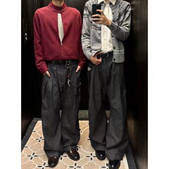 三褶条纹原牛牛仔裤男款薄款美式复古a字弯刀西裤垂感阔腿休闲裤