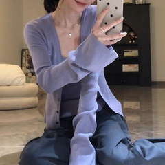针织开衫外套女秋季长袖薄款挂脖背心紫色设计感两件套装其他常规