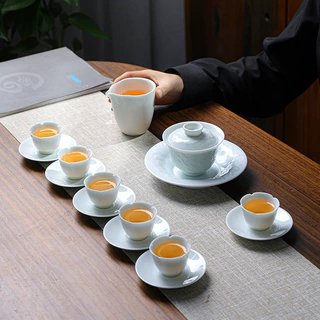 影青功夫茶具套装家用三才盖碗茶壶泡茶器羊脂玉瓷茶杯陶瓷盖碗茶