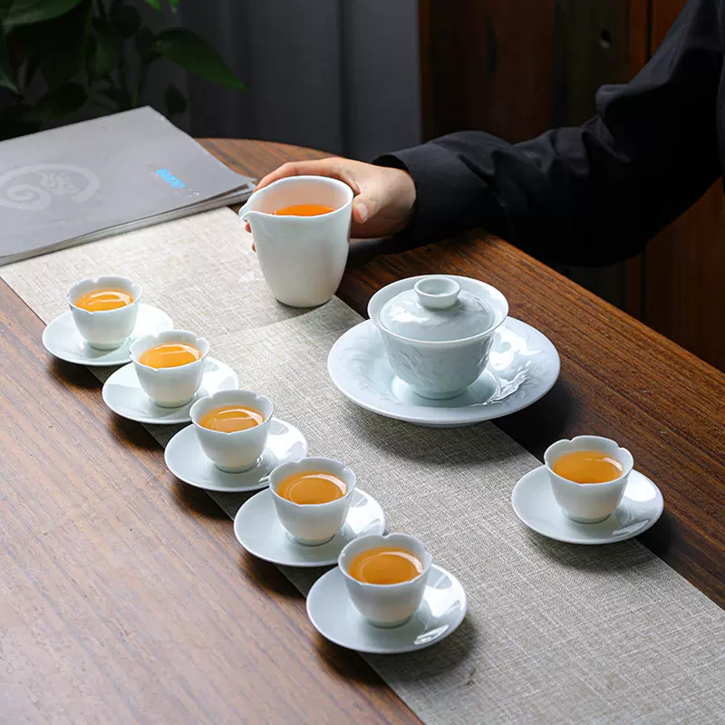 影青功夫茶具套装家用三才盖碗茶壶泡茶器羊脂玉瓷茶杯陶瓷盖碗茶