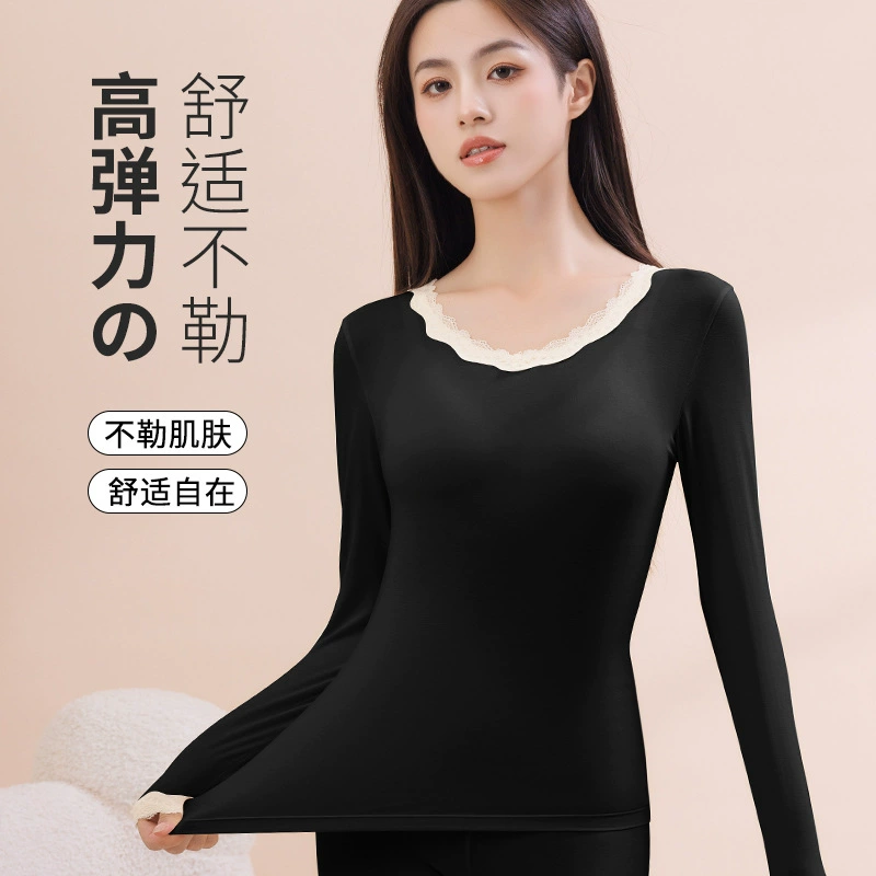 Осенне-зимнее термобелье для женщин с кружевной отделкой, базовый слой размера 100kg плюс, тонкая облегающая рубашка.