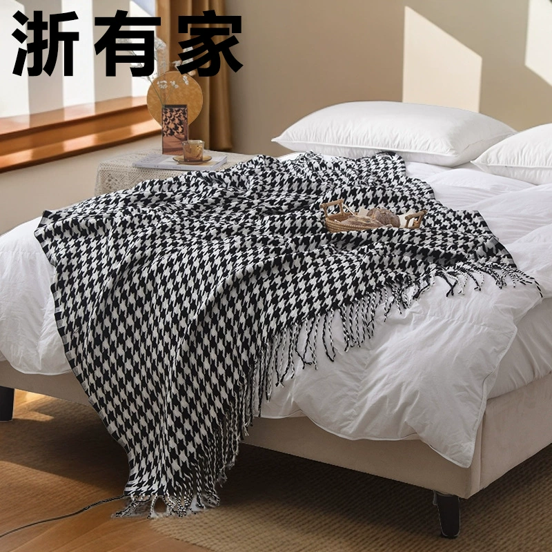 Плед из тканого полотна F4, классический плед в клетку «гусиная лапка» черно-белого цвета, покрывало для изножья кровати, накидка на диван, специальный плед для гостевых домов.