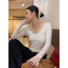 纯欲风白色毛衣女春秋内搭长袖上衣慵懒高级感套头复古蕾丝针织衫