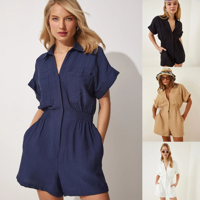 Cross-Border European and American Workwear Jumpsuit for Women 2025 New Short-Sleeved Waist Loose Slimming Look Cotton and Linen Casual Wide-Leg Shorts