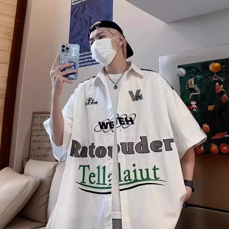 American Style Retro Shirt Men's Short-sleeved Trendy Brand Summer Fried Street Niche Design Sense Motorsport Suit Harajuku Style Half-sleeved Shirt