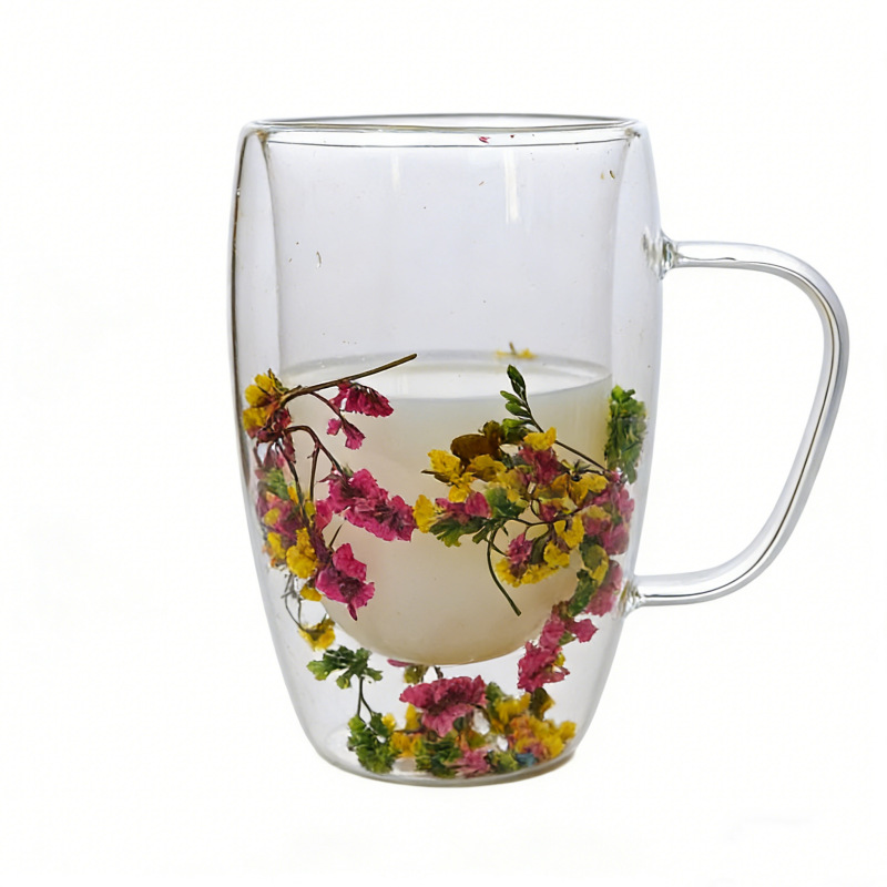 Taza de vidrio multicolor con flores secas insertadas, aislamiento térmico y anti-escaldado, taza de bebida doméstica de doble capa con mango en forma de huevo de flores secas