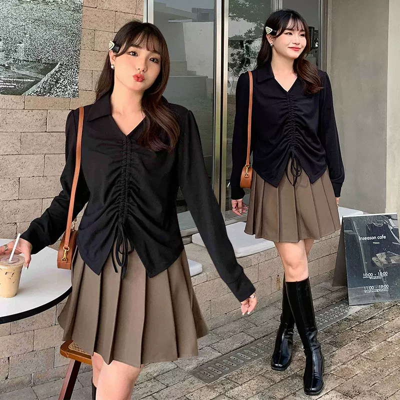 微胖显瘦遮肉套装大码女装时尚200斤春季胖mm时尚褶皱半身裙3159