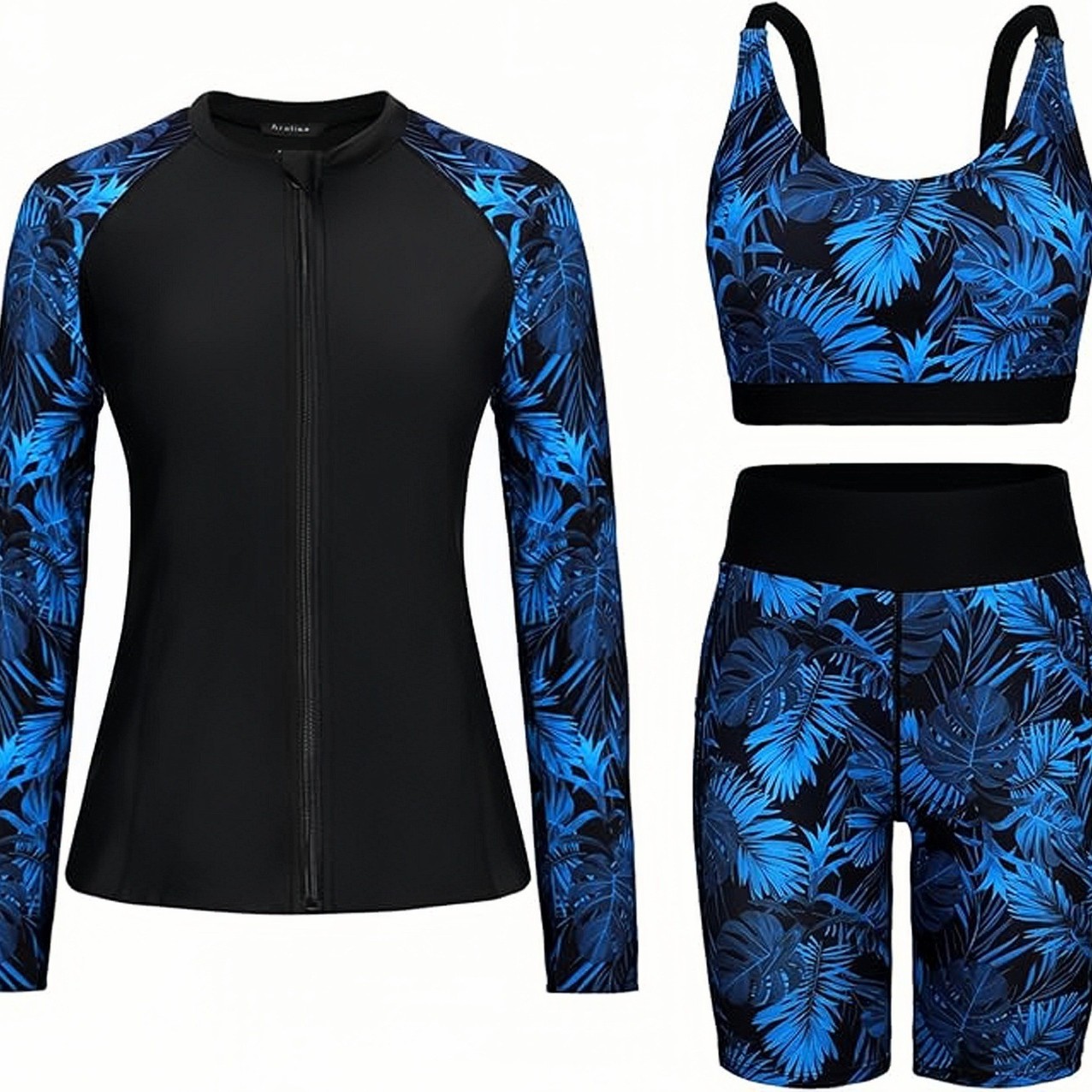 New European and American style three-piece long-sleeve zippered sun-protective surfing suit with flat-leg shorts, quick-dry diving swimsuit for women