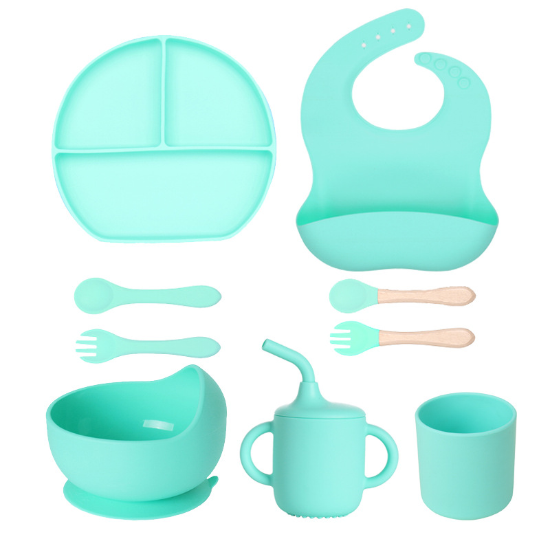 Precio bajo de la fábrica libre combinación de silicona bebé placa niños suplemento alimenticio tazón cuchara taza de agua babero traje