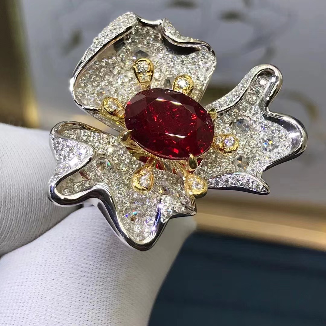 TikTok Live cross-border Venta caliente material de plata gruesa Anillo de Arte de corte ovalado artificial de corte Ruby Rose