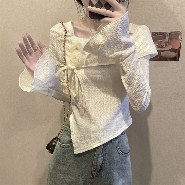 设计感小众法式T恤2025新款女秋内搭立体花朵喇叭长袖掐腰上衣|undefined