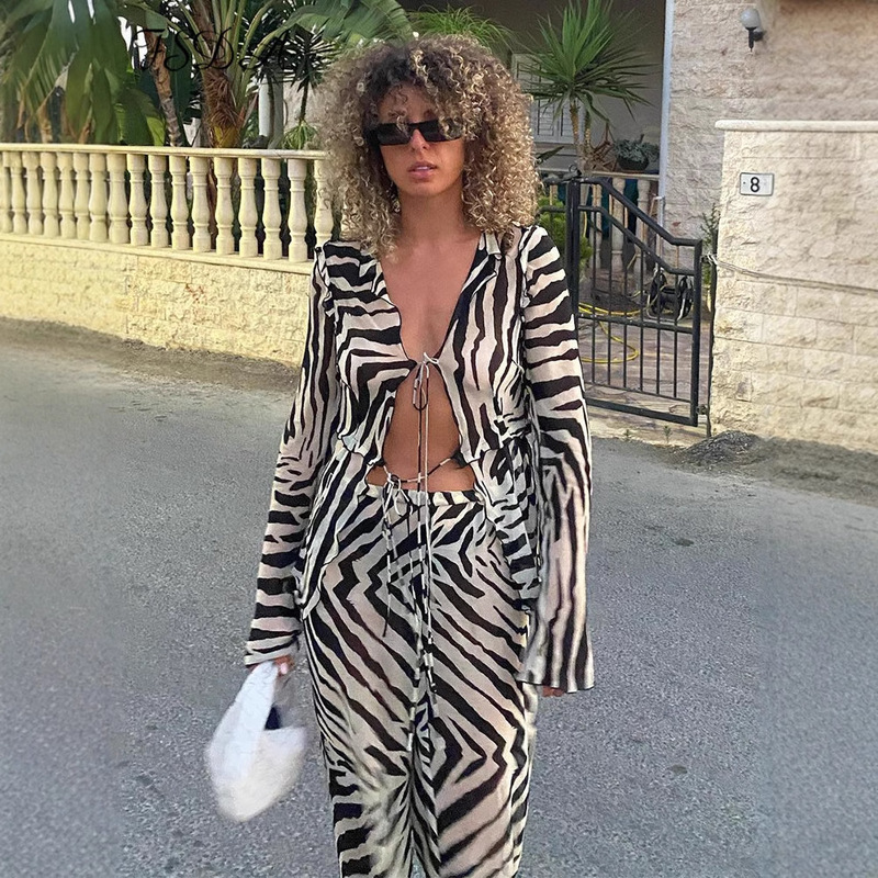 D9748 Amazon European and American Best-Selling Women's Clothing Fashionable and Sexy Belted Mesh Stripesd Printed Long-Sleeved Two-Piece Set D9748 Amazon European and American Best-Selling Women's Clothing Fashionable and Sexy Belted Mesh Stripesd Printed Long-Sleeved Two-Piece Set