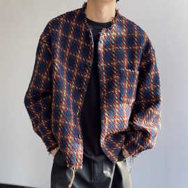 小香风格子长袖衬衫男士潮流痞帅休闲百搭夹克复古美式呢子厚外套