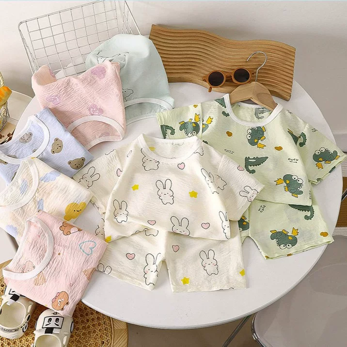 Летние шорты для мальчиков, брюки, комплект, детский пижама, с коротким рукавом
