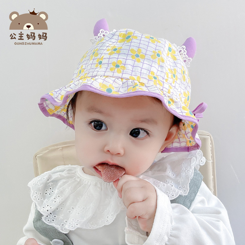 2022春季新款C274婴儿童帽渔夫帽帽宝宝卡通牛角系带盆帽