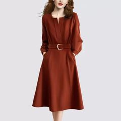 ヘプバーン風ブラックカラー長袖ドレスレディース春ウエスト痩身高級フレンチドレープスカート美しいスカート