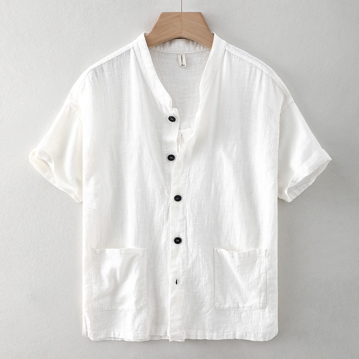 夏季男士苎麻衬衫中国风纯色立领棉麻纯色简约薄款透气衬衣-懒摇
