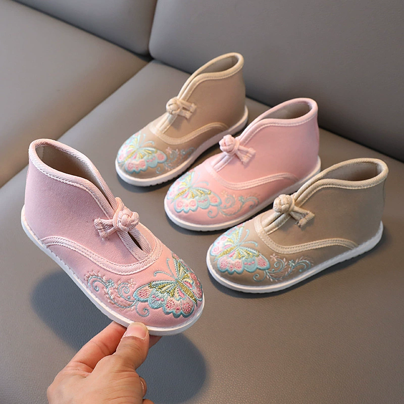 Обувь Hanfu Обувь для девочек Ботильоны с вышивкой в китайском стиле в этническом стиле, осенне-зимняя детская Новогодняя обувь на флисовой подкладке