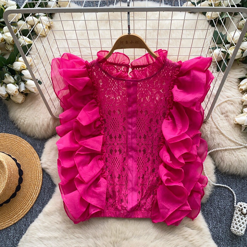Korean Style Commuter Style Skin-Friendly Breathable Sleeveless Lace Shirt for Women Summer Ruffled Patchwork Hollow Top Rose Red