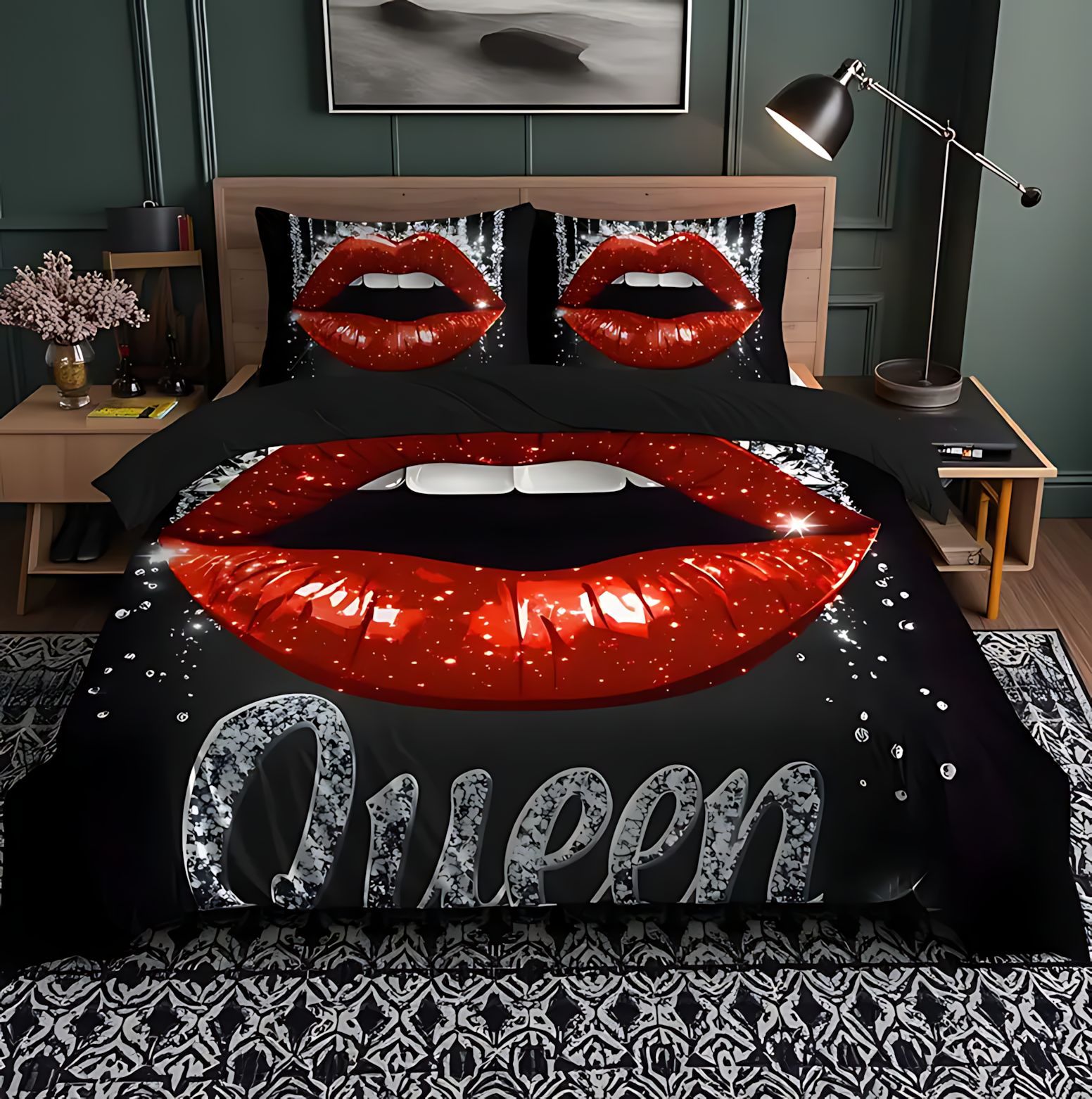 TEMU / JIT comercio exterior sexy labios temático patrón de impresión digital HD colcha de cama set