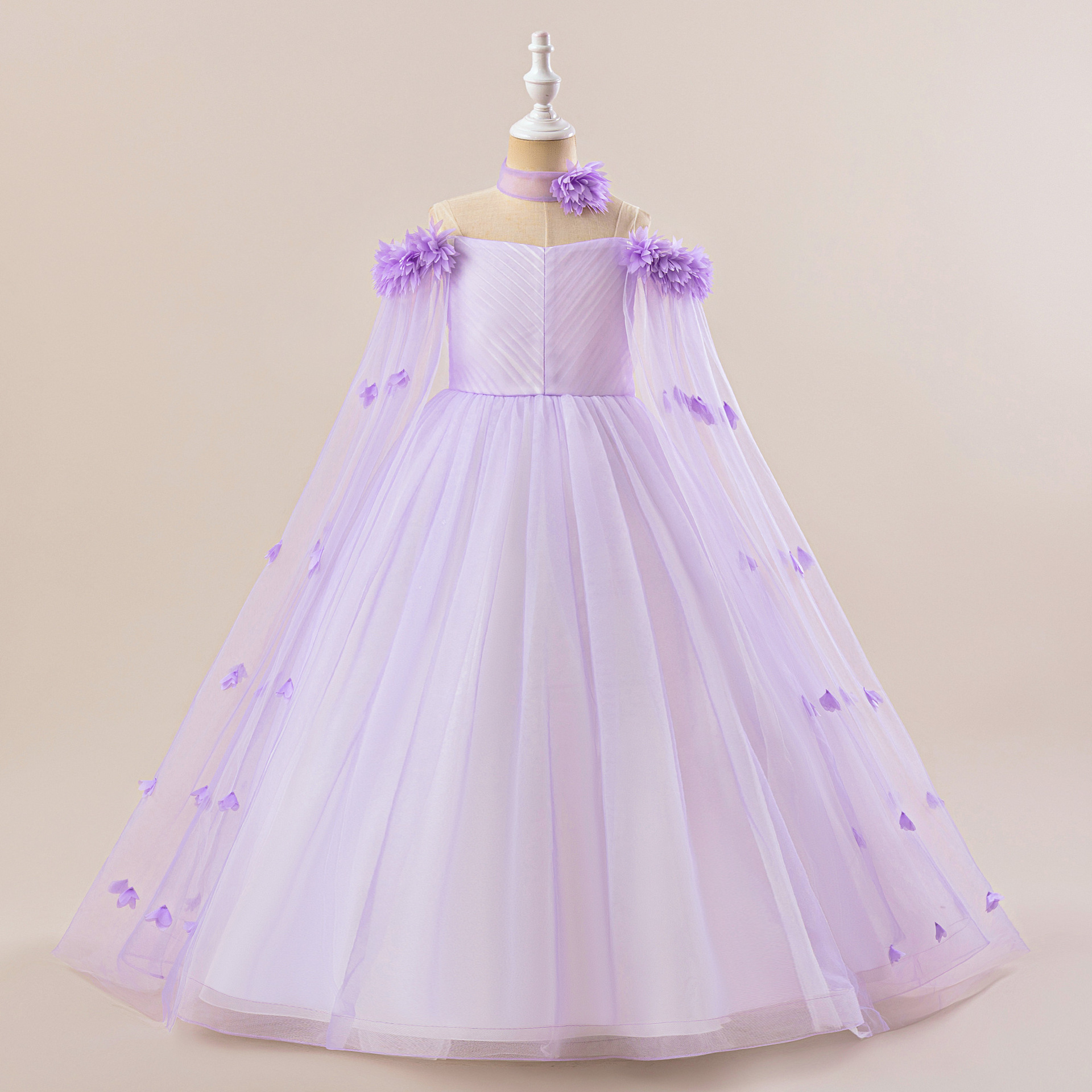 Amazon nuevo vestido de niños de tamaño mediano y grande, abrigo de cuello de flor tridimensional, red de anfitrión pequeño vestido de noche