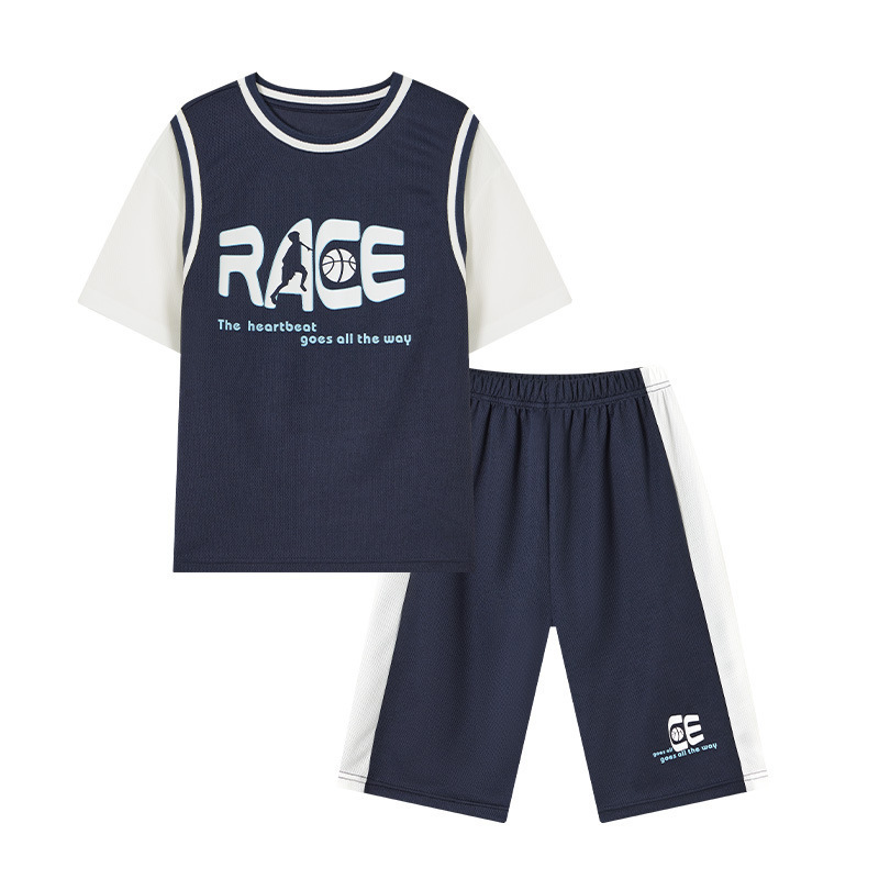 多多家ソフト弾性男の子用バスケットボールウェア、夏用半袖ショートパンツ、メッシュ素材のフェイクツーピース、中高生向けトレーニングウェア、トレンディなスタイル|undefined