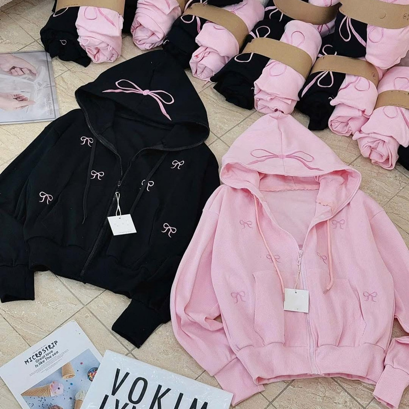 Foreign Trade Sweet and Cute Sweatshirt for Women Autum New Bow Embroidered Cardigan Long-Sleeved Student Thin Zipper Jacket