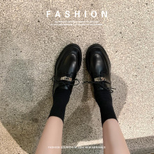 真皮小姐锁扣同款粗跟真皮乐福头层皮系带布鲁斯女皮鞋手工