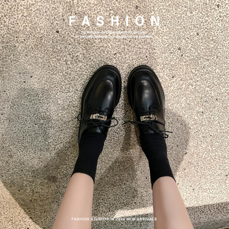 真皮小姐锁扣同款粗跟真皮乐福头层皮系带布鲁斯女皮鞋手工