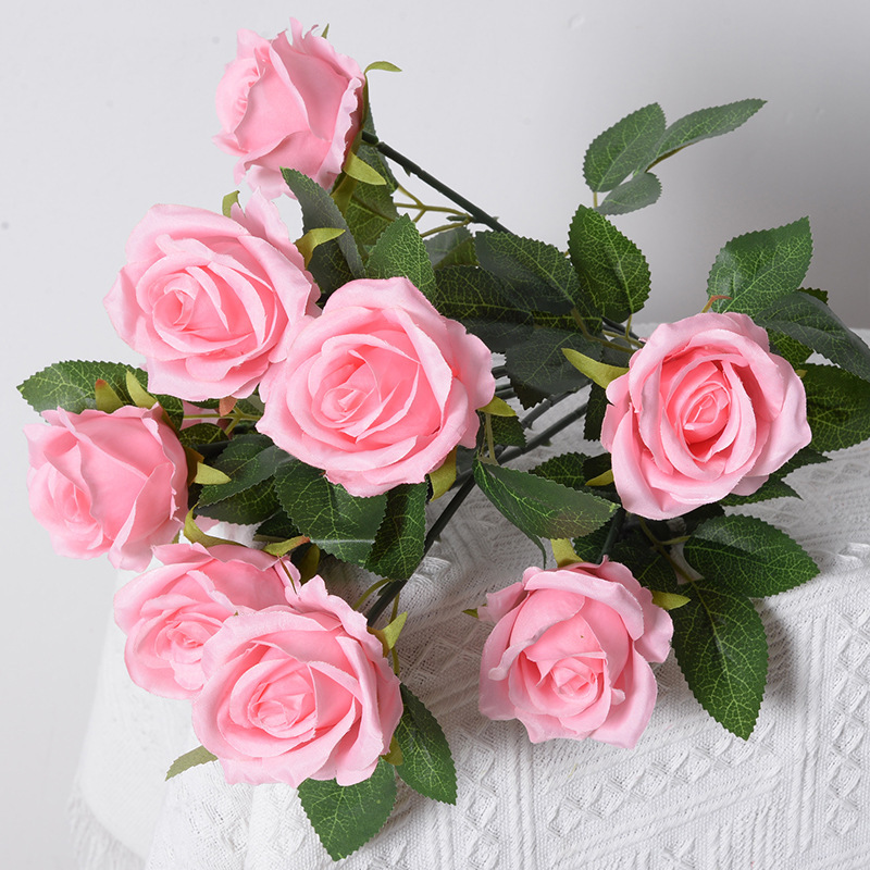Artificial 9-Cabeza de flor Rosa decoración del hogar boda carretera plomo francés tela de seda artificial Rosa artificial ramo al por mayor