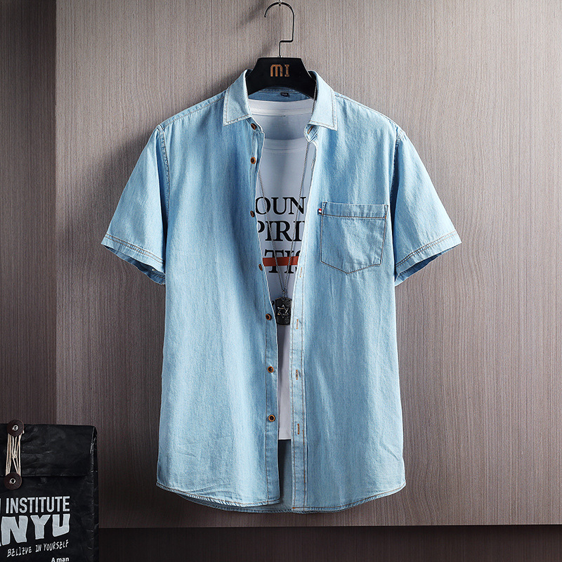 Camisa vaquera de manga corta de algodón para hombres camisa delgada de verano para jóvenes Camisa vaquera lavada de moda directa de fábrica