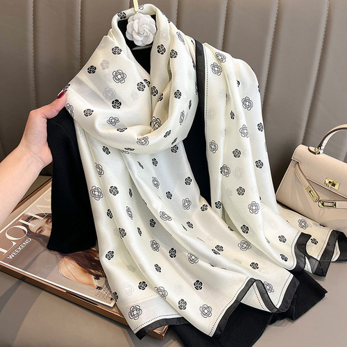 New Camellia Fashion Simulated Silk Scarf Women's Summer Sunscreen Beach Towel Women's Shawl Decorative Scarf Outerwear