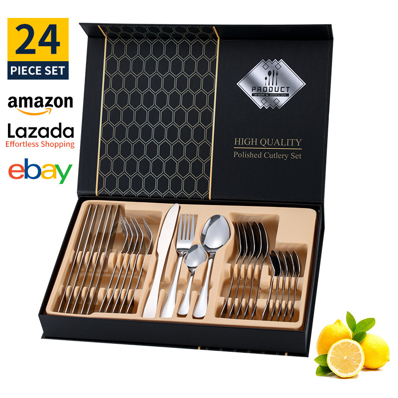Conjunto de cubiertos de acero inoxidable transfronterizo de 24 piezas cuchillo de filete cuchara de cubiertos occidentales caja de regalo estado de ánimo cuchillo de huevo exportación