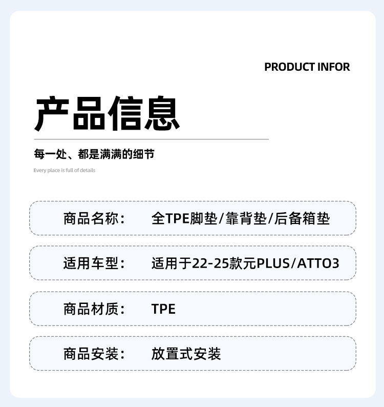Suitable for 22-25 Yuan Plus/Atto3 Car Floor Mats Left and Right Steering Wheel Tpe Trunk Mat Seat Back Cushion