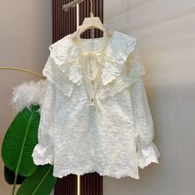 微胖大码女装减龄时尚娃娃领蕾丝拼接2025秋季新款显瘦百搭衬衫