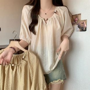 Plus size women's French short-sleeved shirt new summer fat loose slim shirt casual chiffon age-reducing top