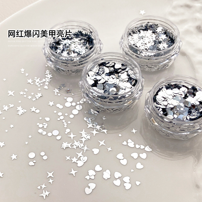 Silver Manicure Sequin Jewelry Mixed Size Five-Pointed Star Heart Sequin Flash Round Canned Nail Decoration