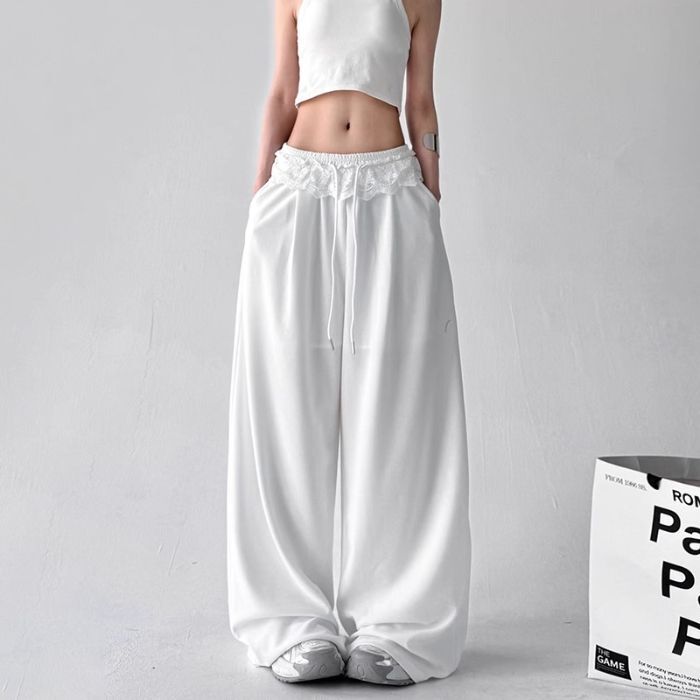 蕾丝花边休闲裤女直筒显瘦2025春秋薄款新款垂感高腰阔腿裤拖地裤|undefined